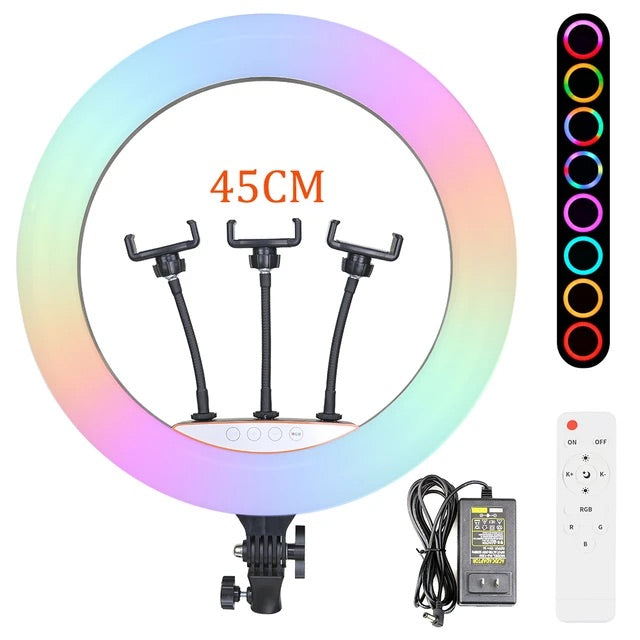 Aro de luz gigante RGB 18” control y pedestal para 3 celulares TikTok videos fotos estudio grabación