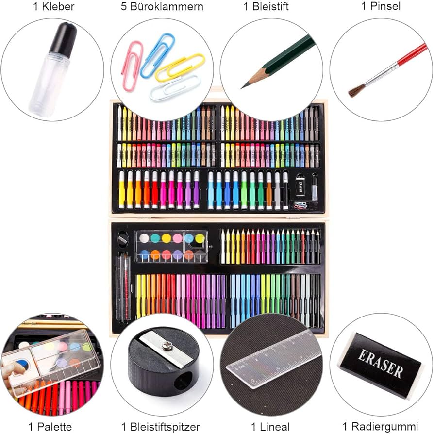 Set de pinturas completo 180 piezas con caja de madera arte dibujo escuela clases