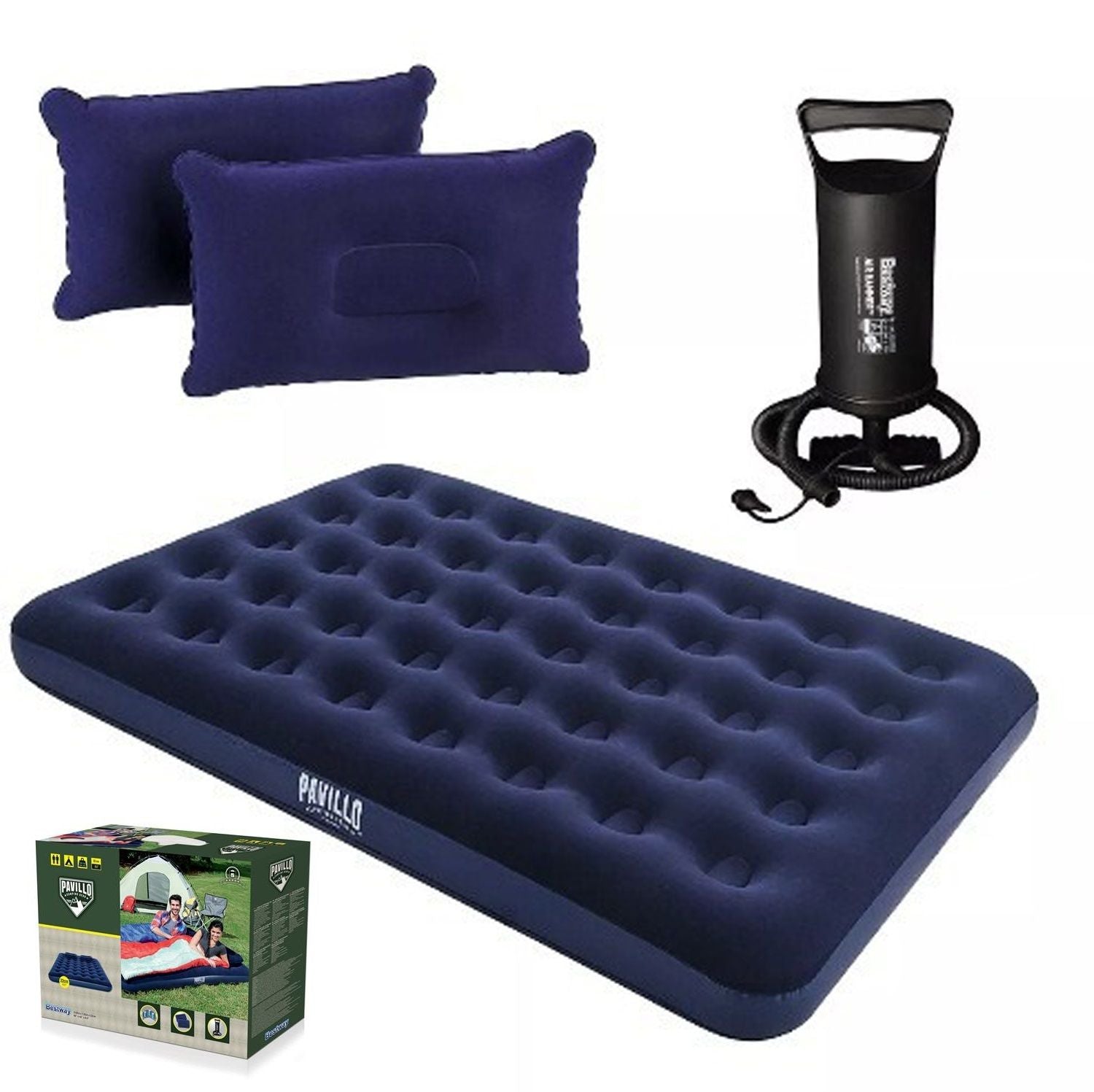 Colchón inflable 2 plazas+Inflador+Almohada Bestway Camping Aire libre Senderismo Viaje 139x190cm