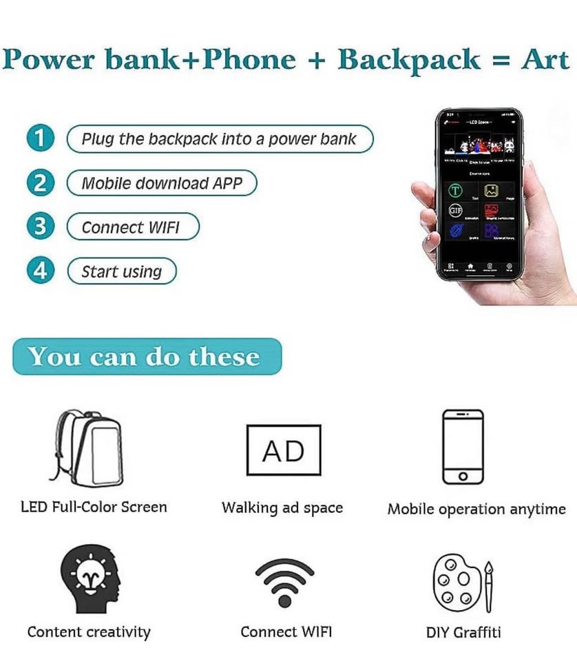 Mochila con Pantalla Panel Led Inalámbrica Bluetooth Wifi Publicidad Laptop Trabajo Moto Bici Clase