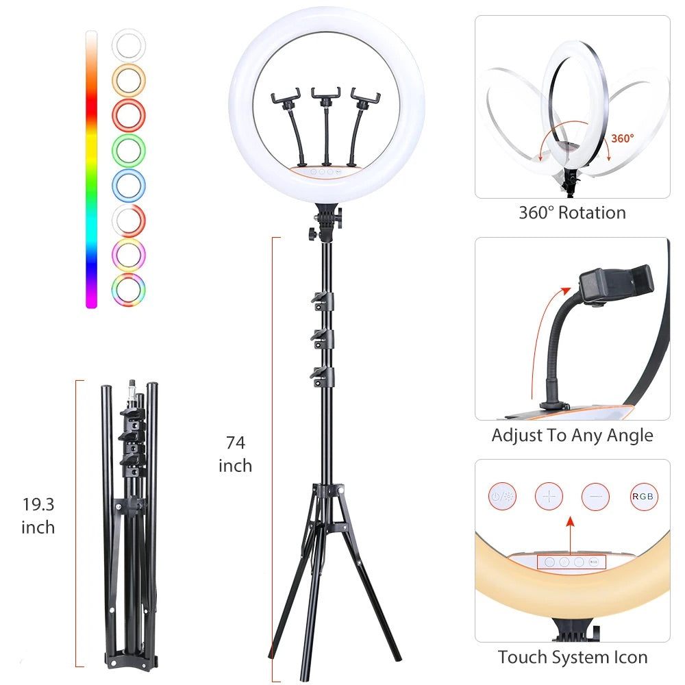Aro de luz gigante RGB 18” control y pedestal para 3 celulares TikTok videos fotos estudio grabación