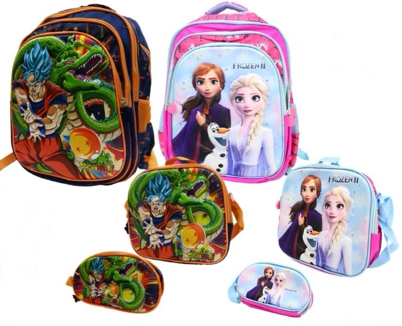Mochila 3D  con luces + Lonchera + Estuchera estudio clases Dragonball/Frozzen/Batman