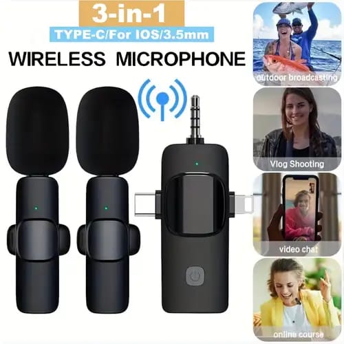 MICROFONO DOBLE INALÁMBRICO 3 EN 1  CORBATERO PERIODISTA PROFESIONAL IPHONE ANDROID PODCAST ENTREVIS