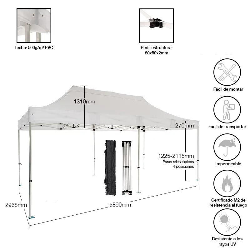 CARPA PLEGABLE 3X6 IMPERMEABLE INVIERNO/LLUVIA/SOL/PATIO/JARDIN/AUTO/EVENTOS/TRABAJO/CARRO/CAMIONET