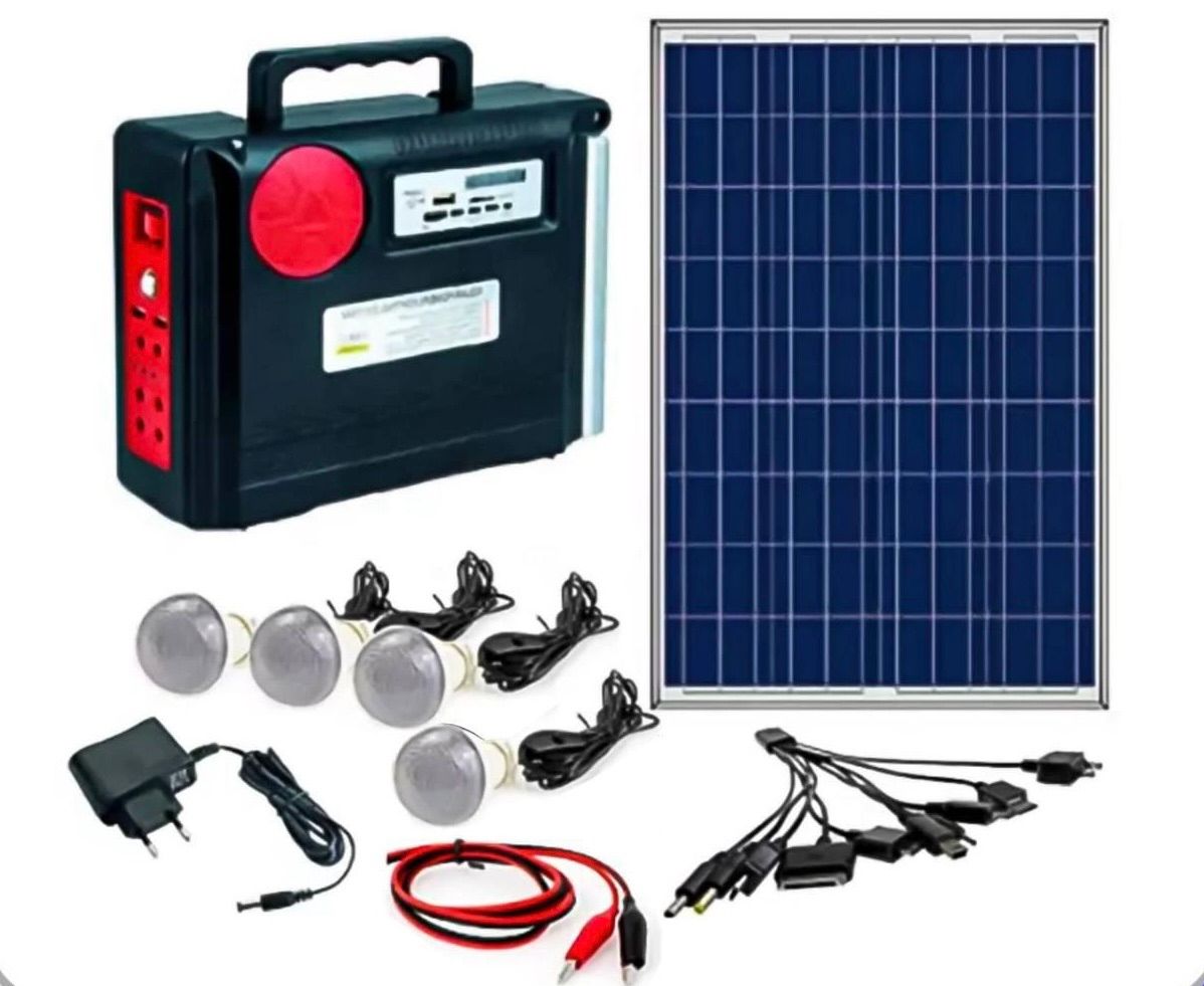 Sistema de iluminación por energía solar con 4 focos / Radio / power banck / linterna / Apagones