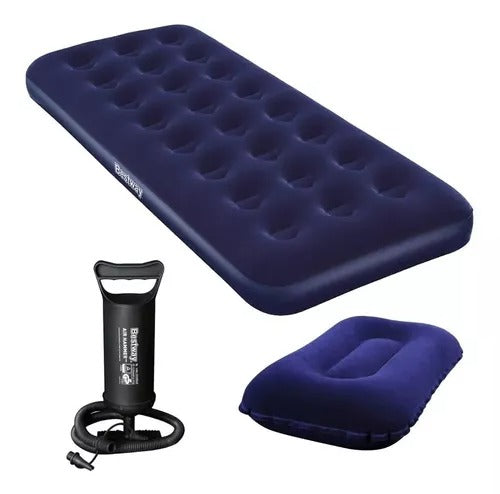 Colchón inflable 1 plaza + inflador + almohada Bestway Camping Aire libre Senderismo Viaje 188X76CM$29